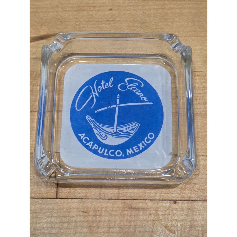 Vintage Hotel Elcano Acapulco Mexico Advertising Clear Glass Ashtray 3.75 Inch